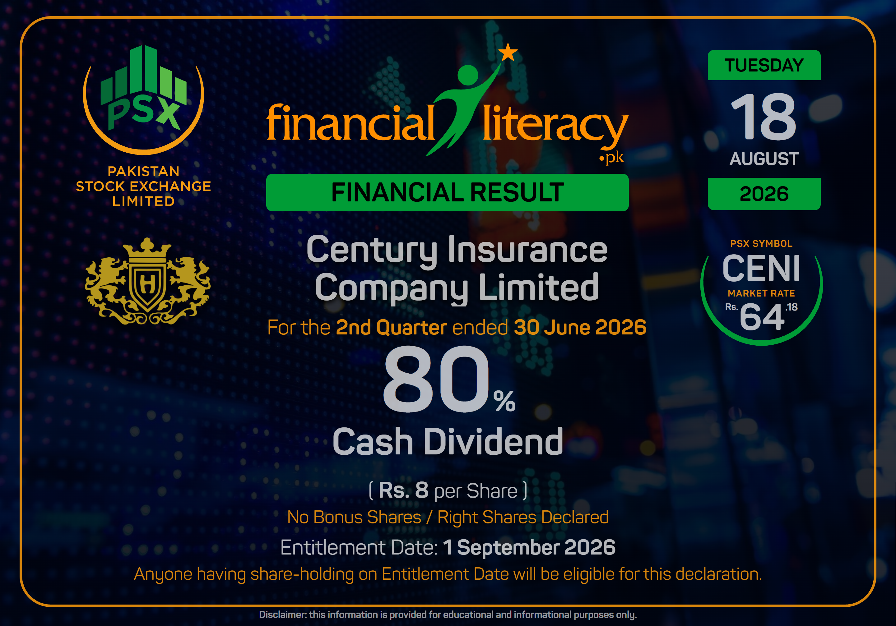 Century Insurance Company Limited #CENI Announces 80% Interim Cash Dividend