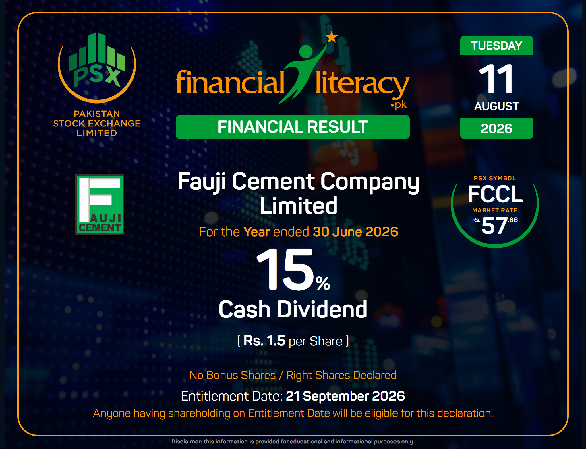 Fauji Cement Company Limited (FCCL) announced 15% Cash Dividend