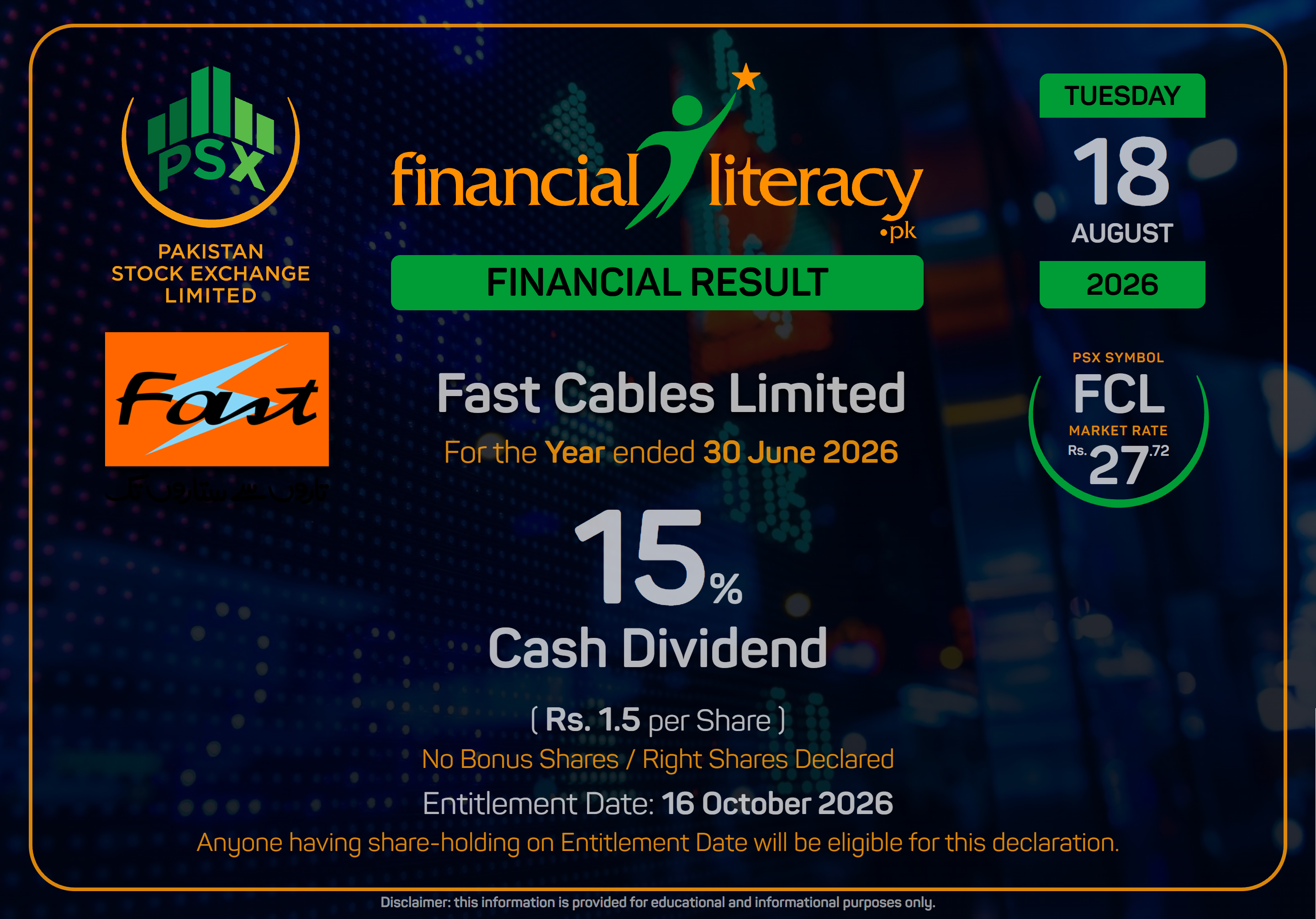Fast Cables Limited (FCL) Announces 15% Final Cash Dividend