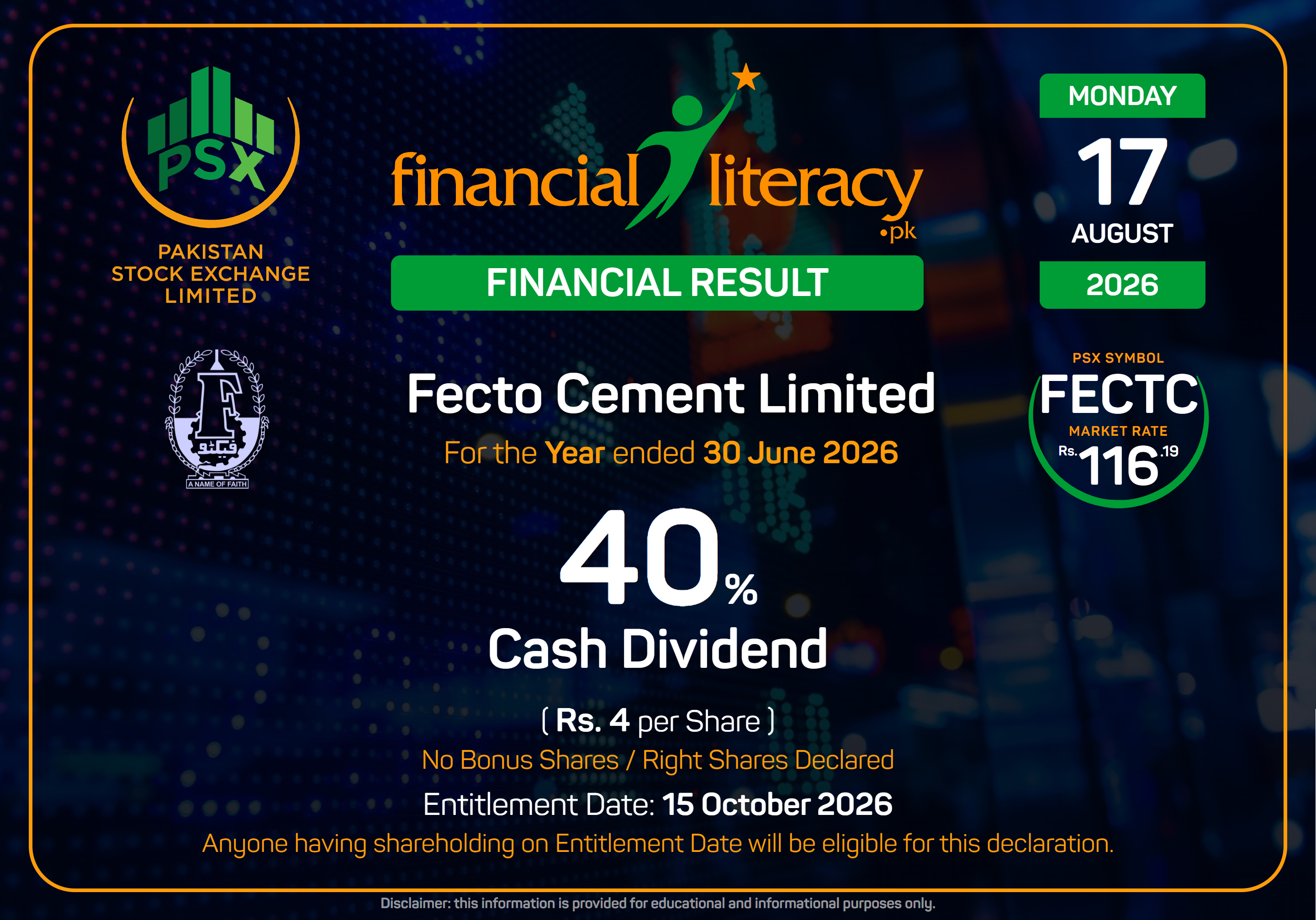 Fecto Cement Limited (FECTC) Declares 40% Final Cash Dividend for FY 2026