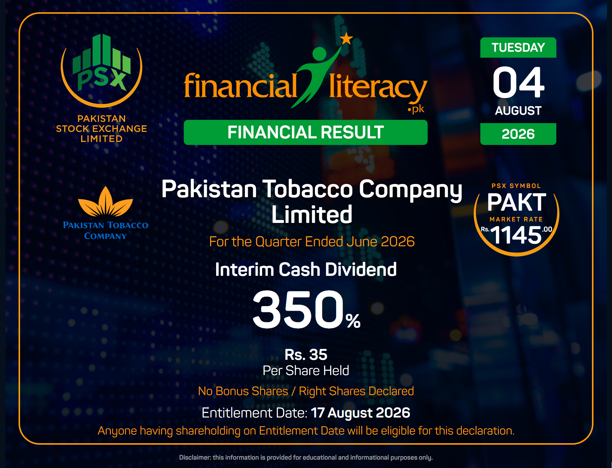 350% 3rd Interim Dividend of Pakistan Tobacco Company Limited declared