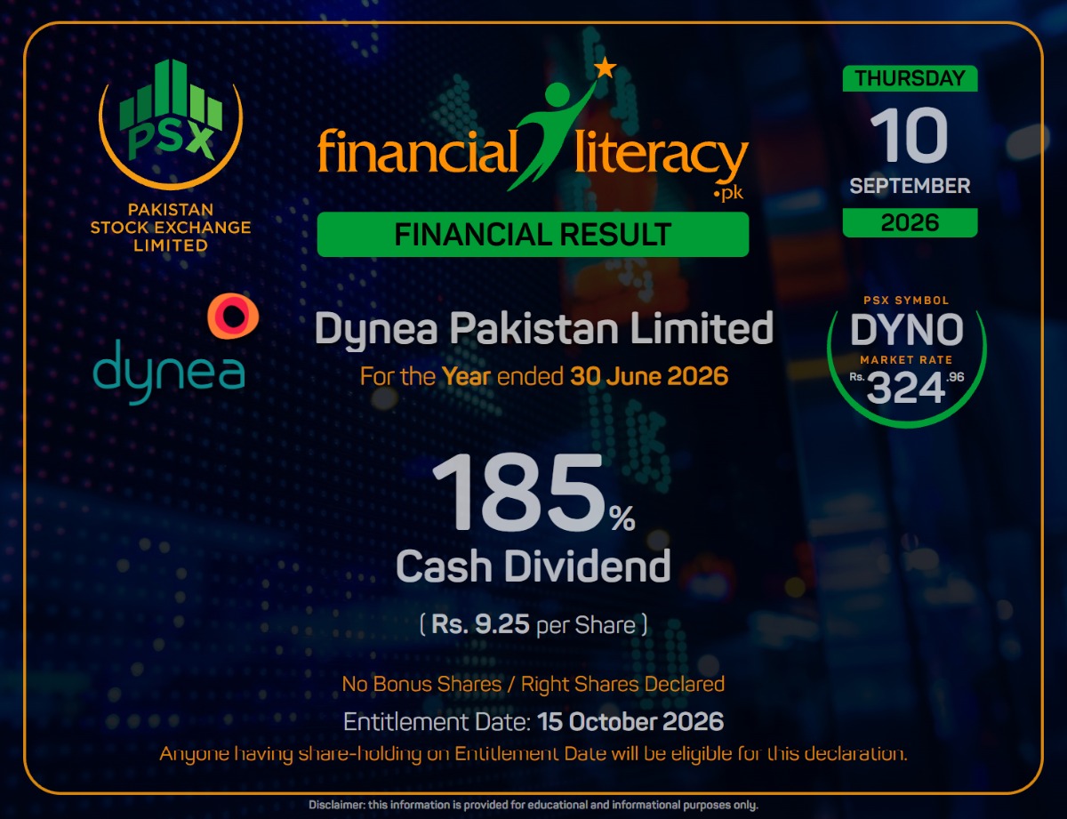 Dynea Pakistan Limited #DYNO announced 185% Cash Dividend ie. Rs. 9.25 per Share (not Rs. 18.5?)