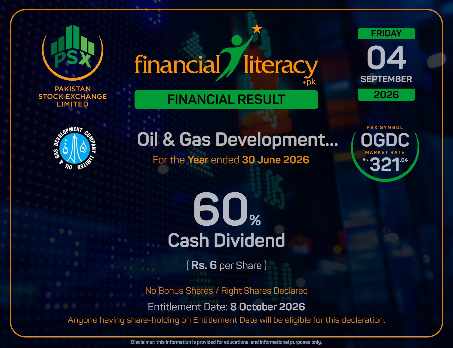 Oil & Gas Development Company Limited #OGDC announced 60% Cash Dividend