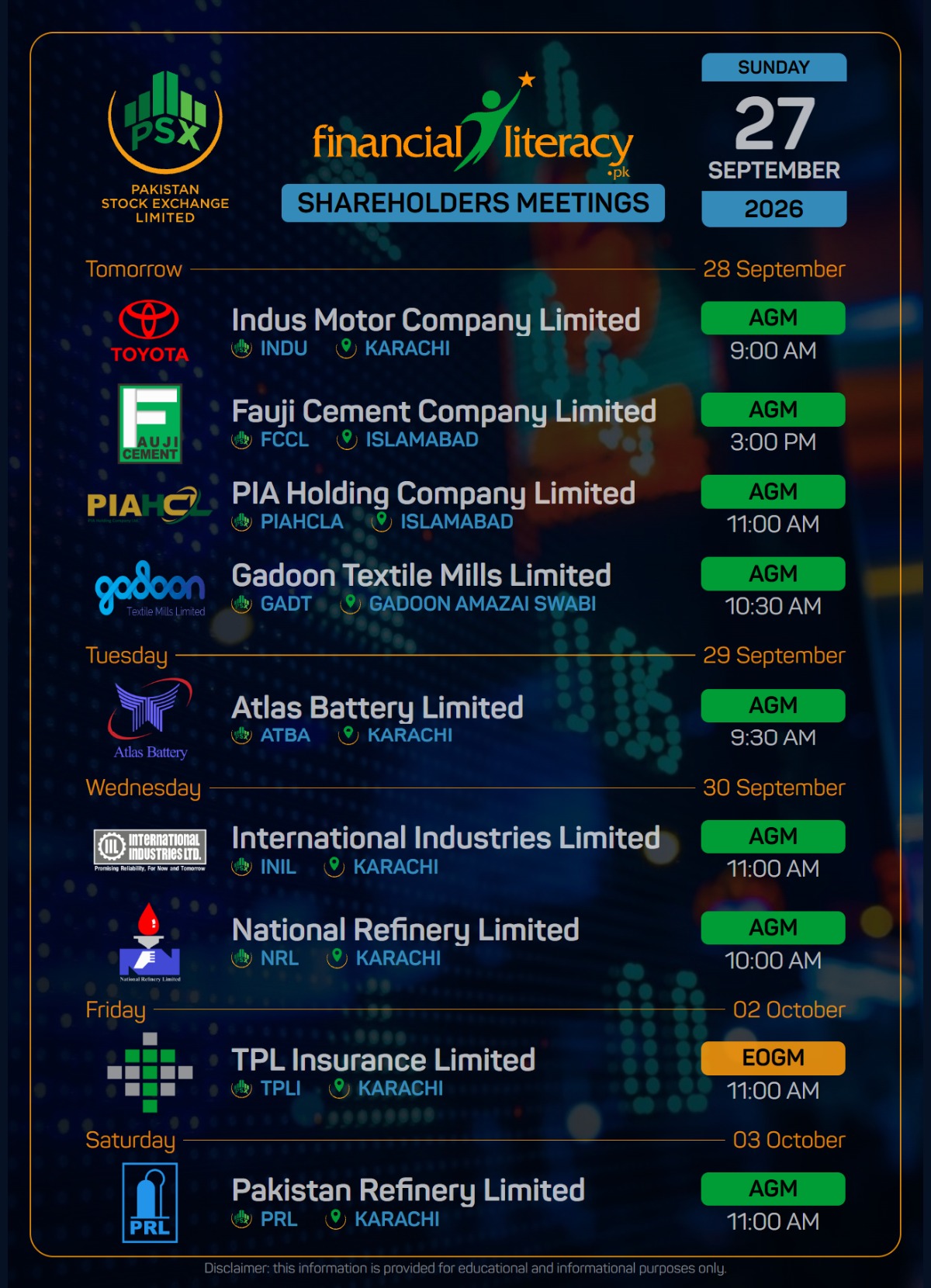 Upcoming Shareholders Meetings this week: 28-Sept-2026 to 03-Oct-2026